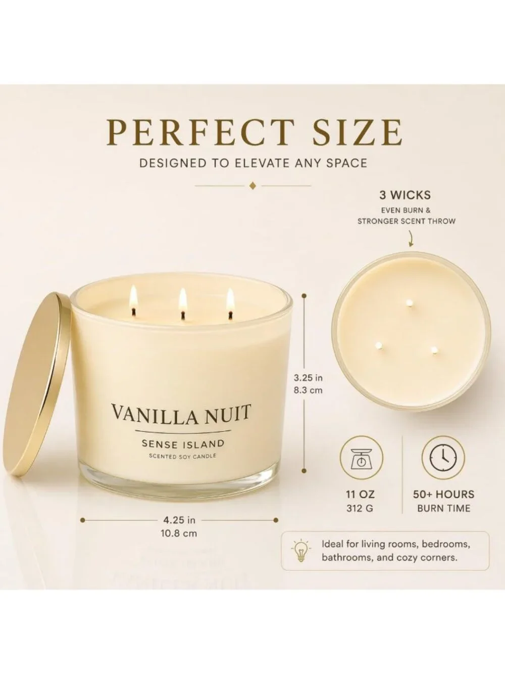 Large 3 Wick Vanilla Soy Candle - 50 Hour Burn, Natural Wax, Beige Glass, Luxury